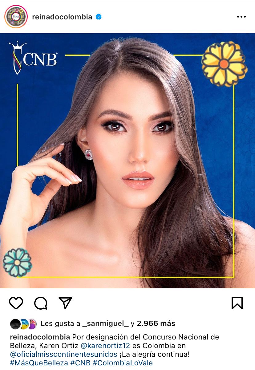 Karen Ortiz, Primera Princesa en el Concurso Nacional de Belleza es la elegida para representar a Colombia en el concurso Miss Continentes Unidos. Tomada de Instagram @reinadocolombia