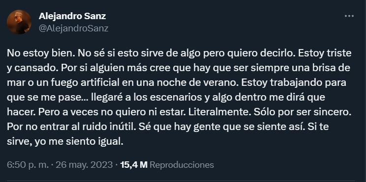 El mensaje de Alejandro Sanz que alertó a sus seguidores (Twitter)
