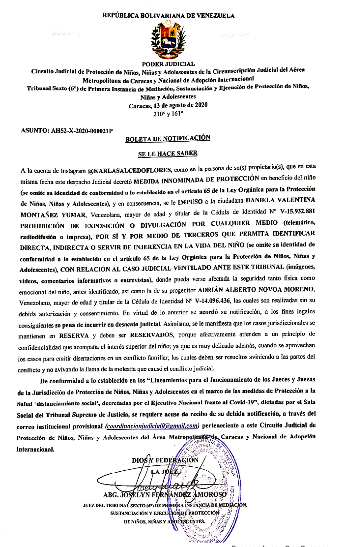 La entonces juez sexta de Protección, Fernández de Amoroso, le prohíbe a Salcedo hablar del caso