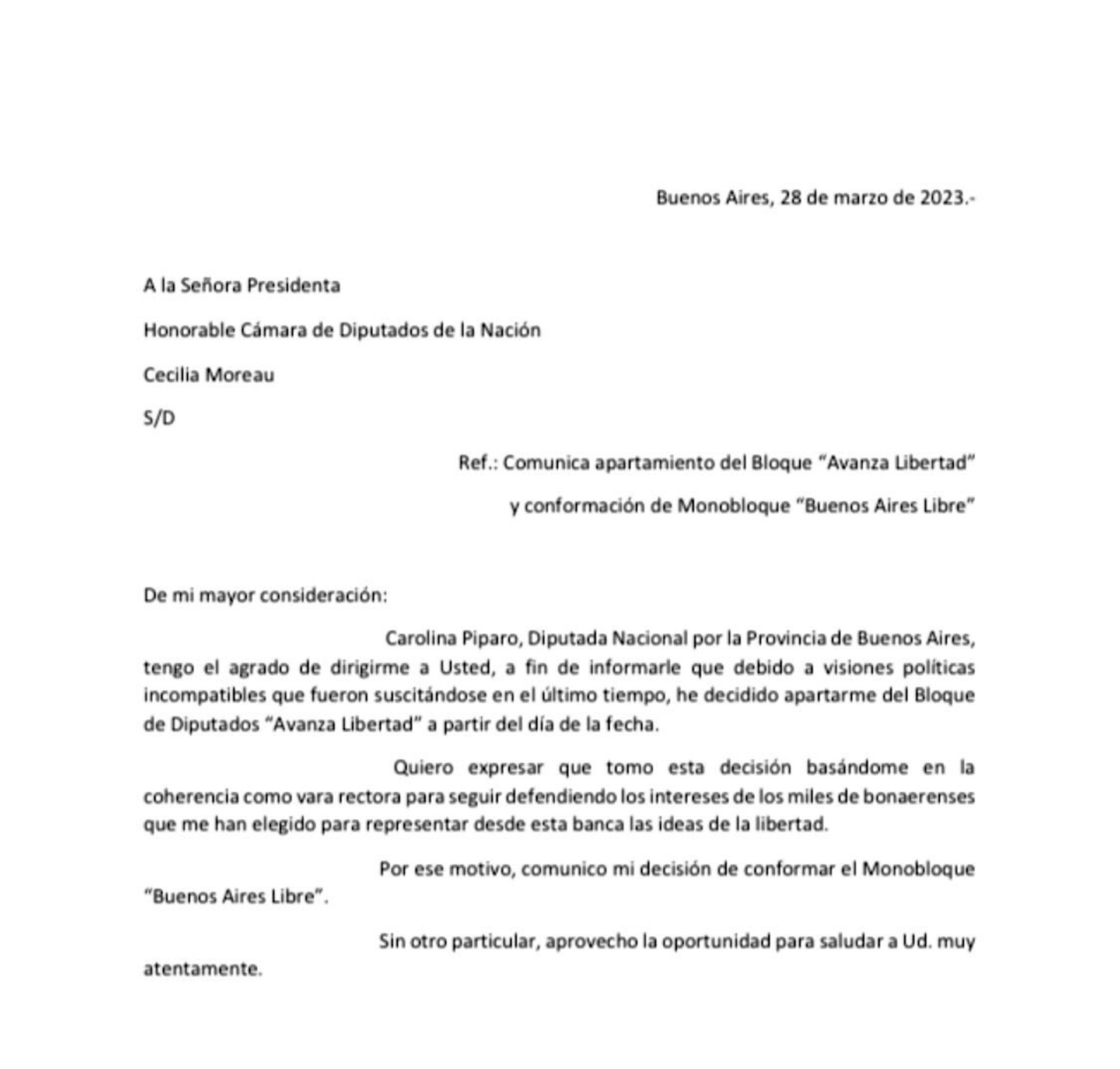 La carta de renuncia de Carolina Píparo 