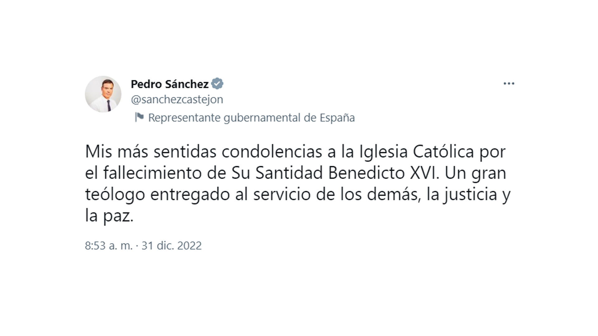 El tuit Pedro Sánchez tras la muerte de Benedicto