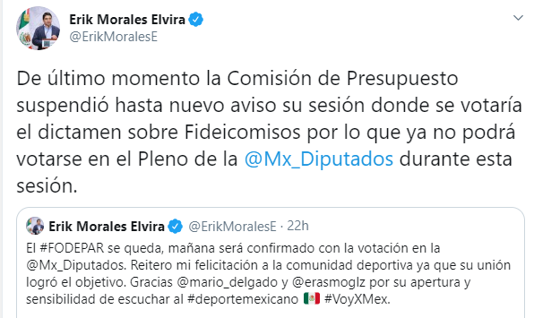 Érick Morales lamentó la suspensión del dictamen (Foto: Twitter/ @ErikMoralesE)