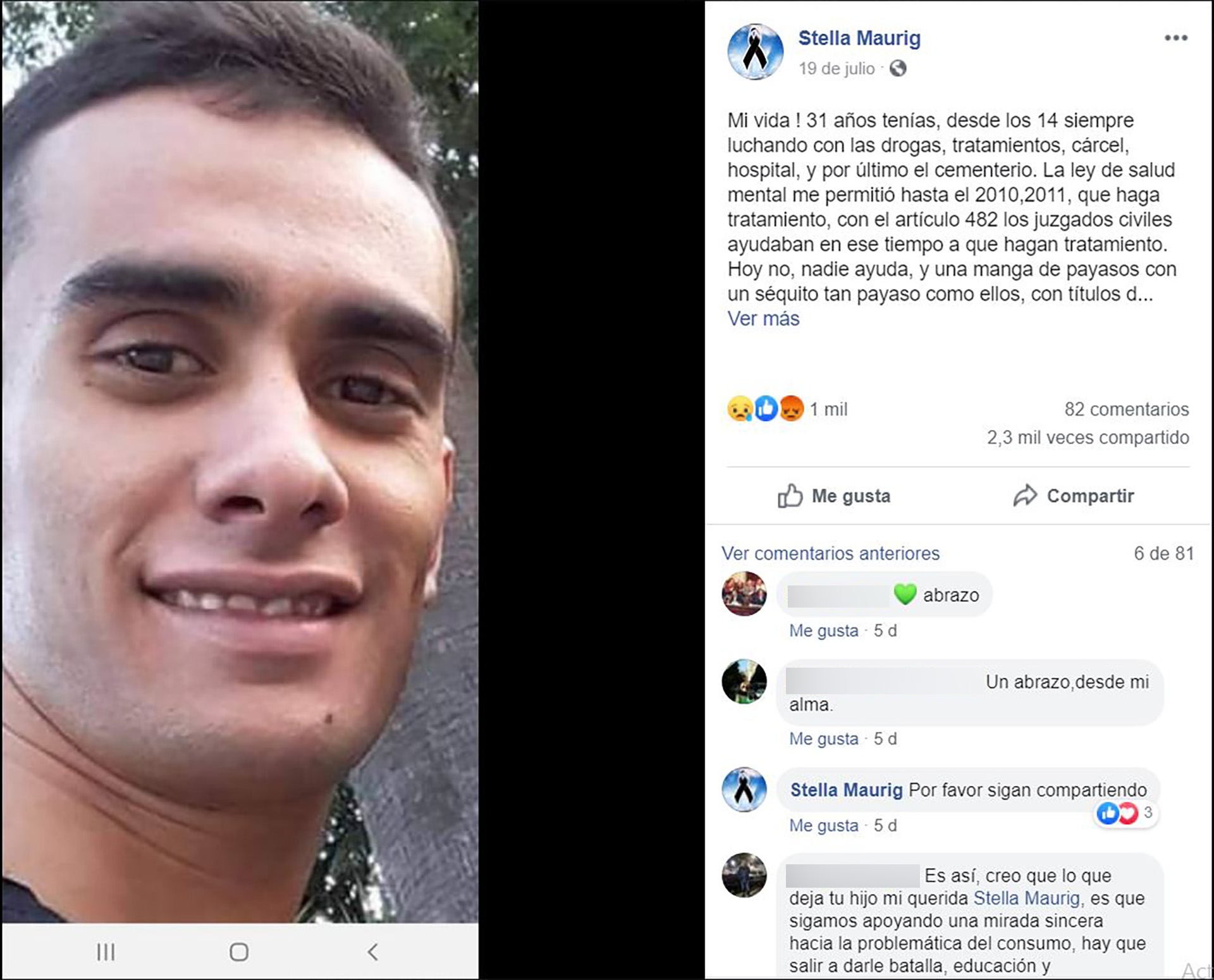 Así Stella Maurig despidió en Facebook a su hijo David, quien sufría de adicción a las drogas y se quitó la vida de un disparo.