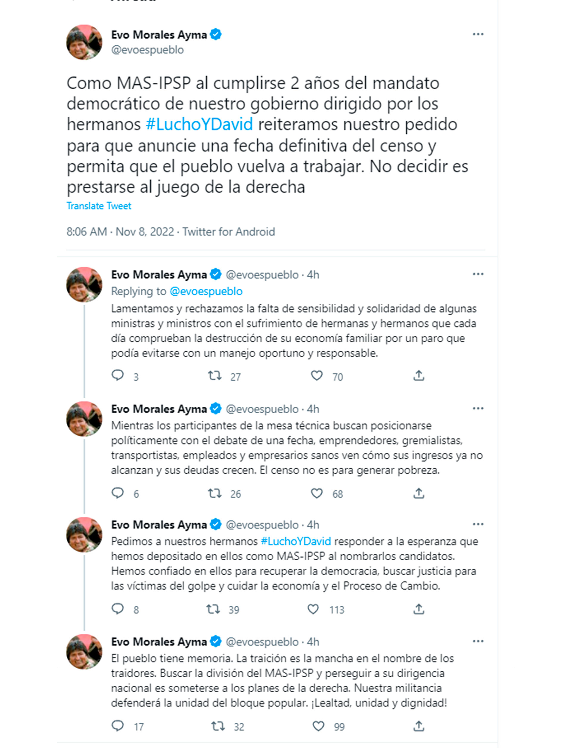 Los mensajes de Evo Morales en Twitter