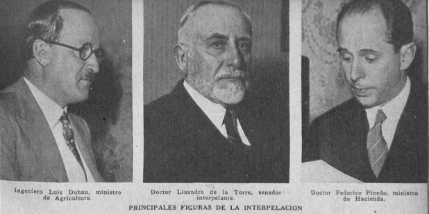 Tres de los protagonistas de un caso que terminaría en tragedia: Luis Duhau, Lisandro de la Torre y Federico Pinedo (Caras y Caretas)
