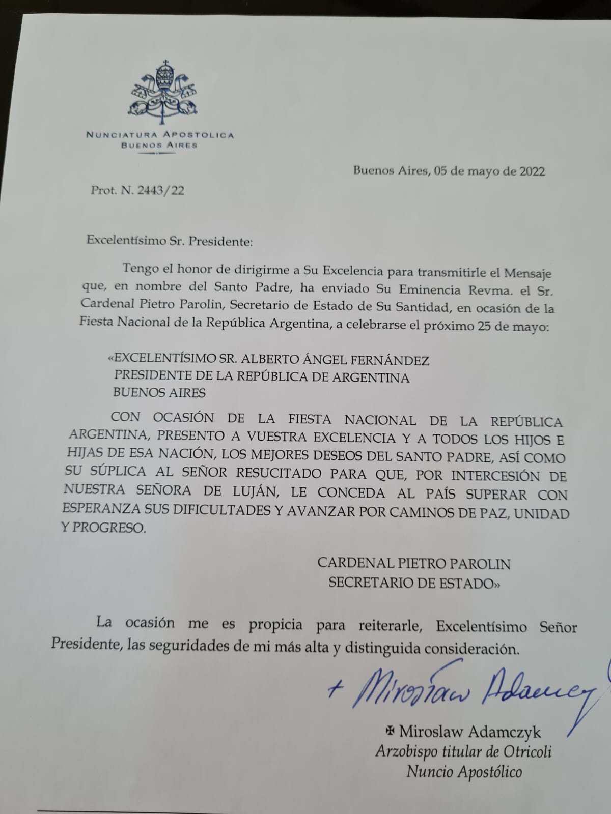 La carta enviada desde el Vaticano a Alberto Fernández por la celebración del 25 de mayo