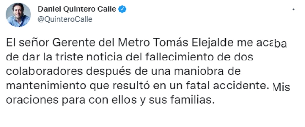 Mensaje del Alcalde de Medellín, Daniel Quintero Calle, en Twitter