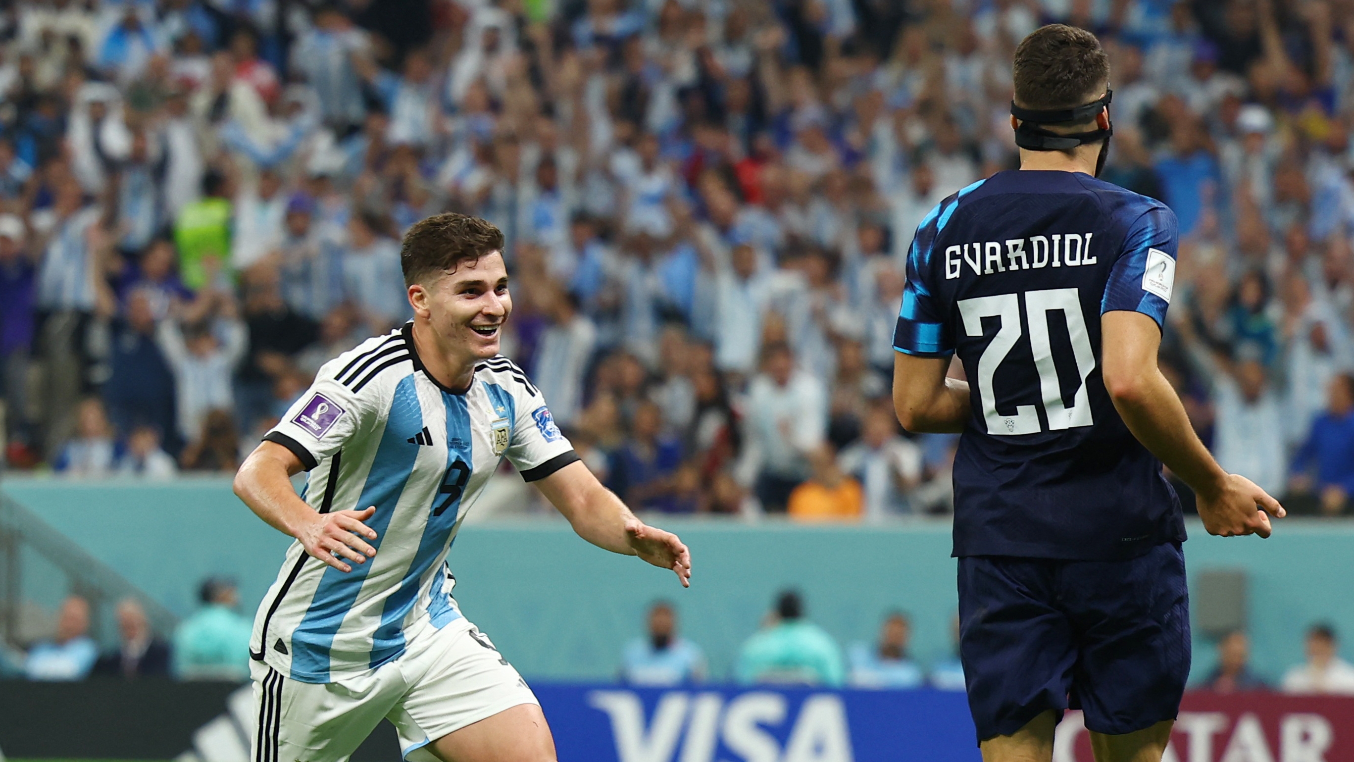 Soccer Football - FIFA World Cup Qatar 2022 - Semi Final - Argentina v Croatia - Lusail Stadium, Lusail, Qatar - December 13, 2022 Argentina's Julian Alvarez celebrates scoring their third goal REUTERS/Molly Darlington