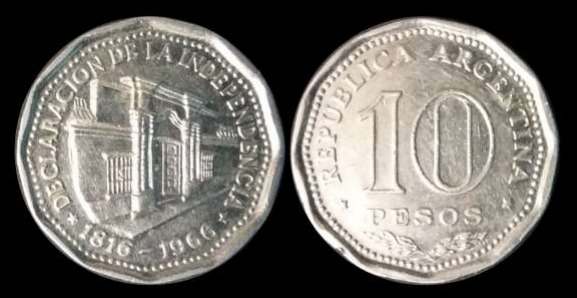 1966: moneda de diez pesos, emitida con motivo del 150º aniversario de la Declaración de la Independencia