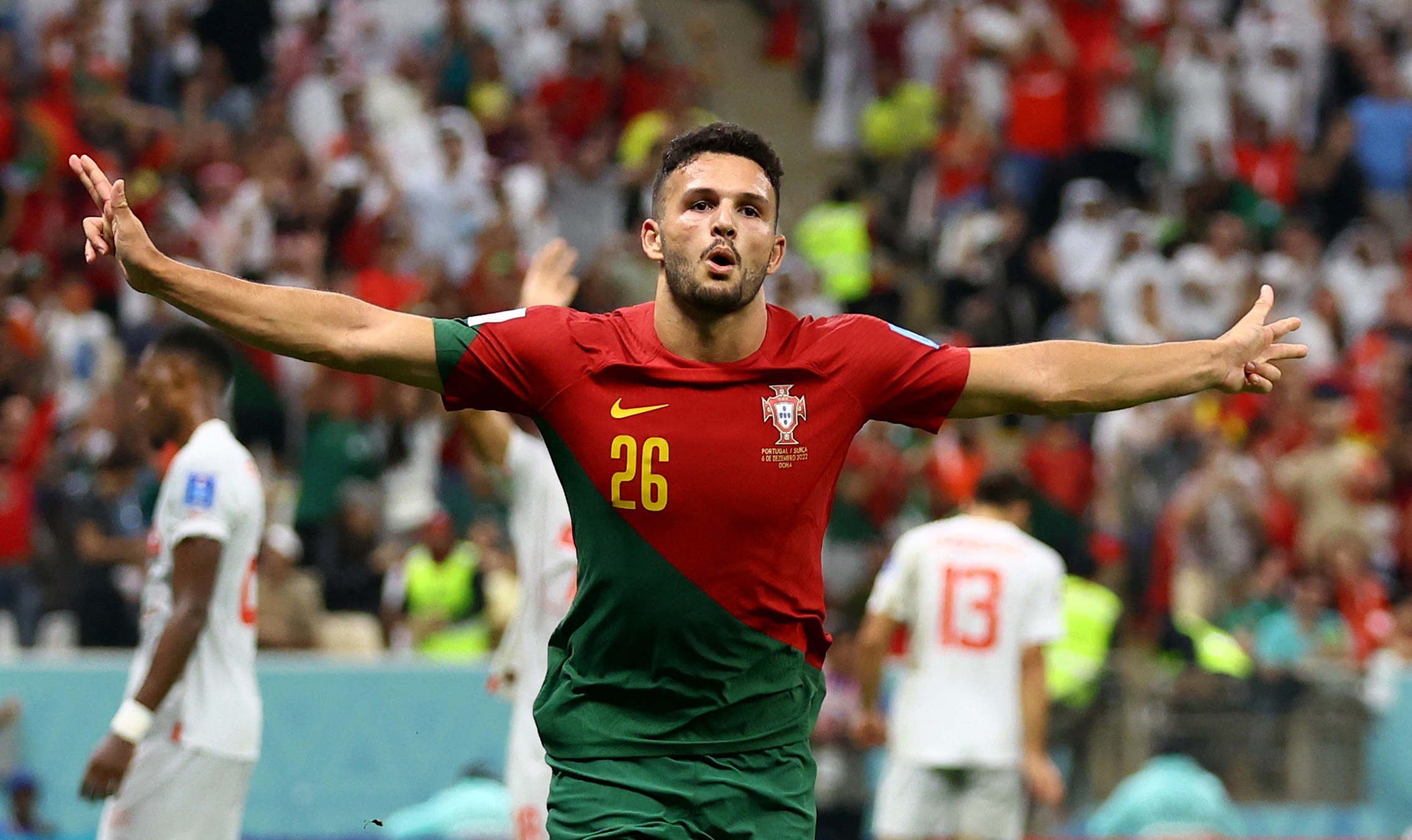 Goncalo Ramos celebra su hat-trick ante Suiza en la goleada de Portugal (REUTERS/Hannah Mckay)