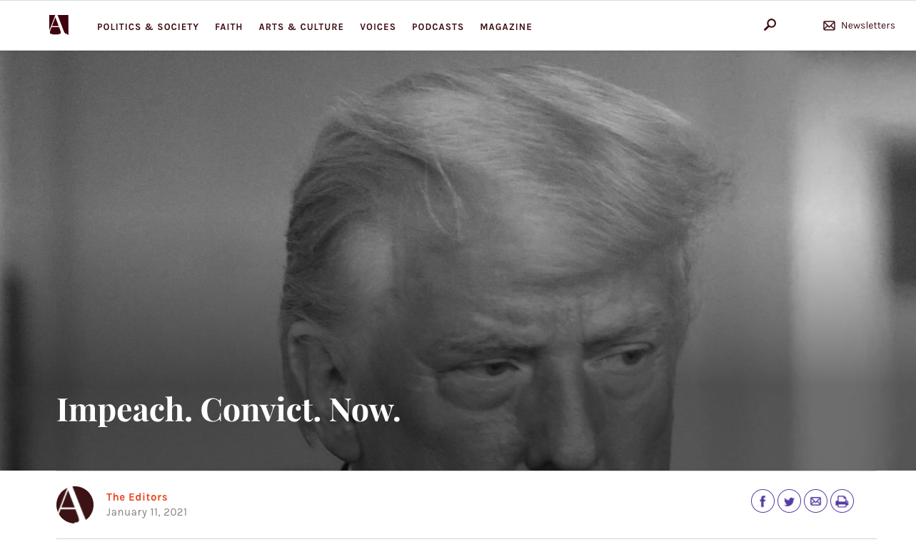 “Donald J. Trump debería ser sometido a juicio político, destituido y excluido de cualquier cargo federal futuro, inmediatamente”, demandaron en el editorial de America los jesuitas de EEUU