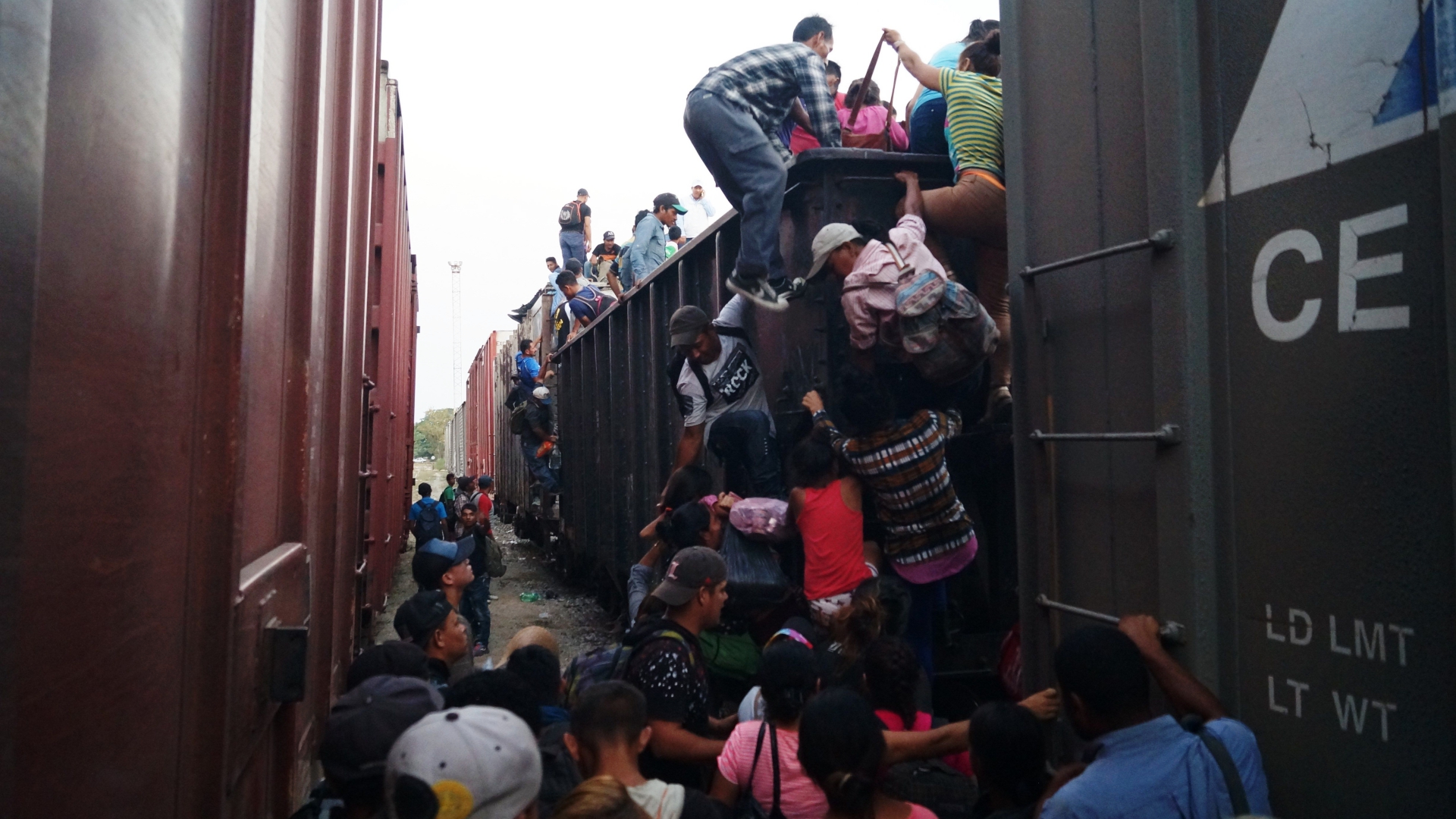 Migrantes centroamericanos suben a los contenedores del tren llamado "La Bestia" en espera de que estos sean enganchados para continuar hacia la frontera de Estados Unidos. (EFE/Carlos López)