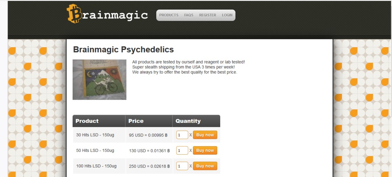 Imagen de una página de la Dark Web dedicada a la venta de LSD. Debido a que usan las criptomonedas para hacer las transacciones, la página aprovecha para usar el símbolo de Bitcoin al inicio de su nombre (Foto: Captura de pantalla)