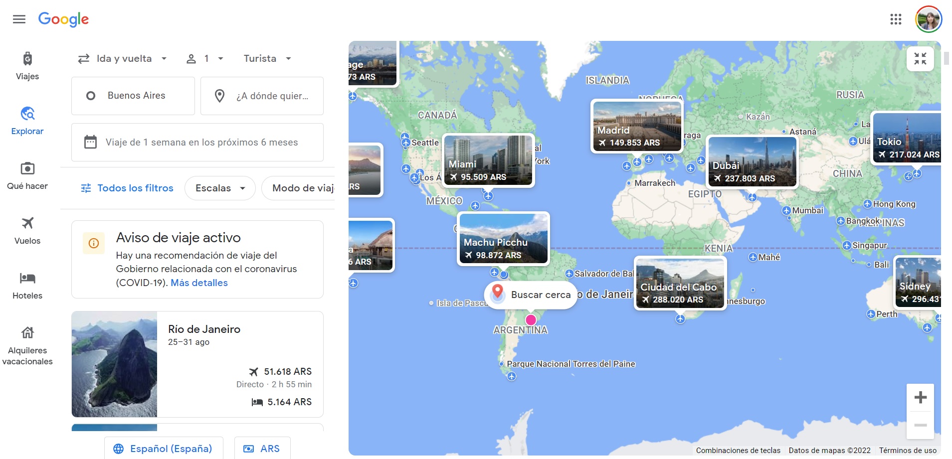 It is possible to set filters based on price, destination, stopovers and airlines