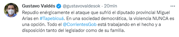 El gobernador local Gustavo Valdés repudió “enérgicamente” el ataque