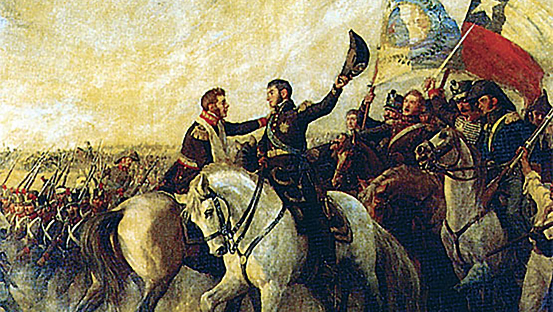 El abrazo de San Martn y O'Higgins luego de la victoria en la batalla de Maip que marc la derrota definitiva de los realistas en Chile