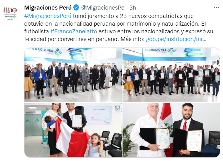 Migraciones confirmó la nacionalización de Franco Zanelatto en sus redes sociales.