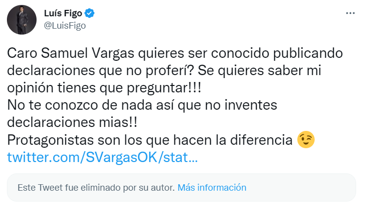 El trino de Luis Figo al periodista colombiano Samuel Vargas donde denuncia que inventó declaraciones que él nunca dijo. Imagen: @LuisFigo.
