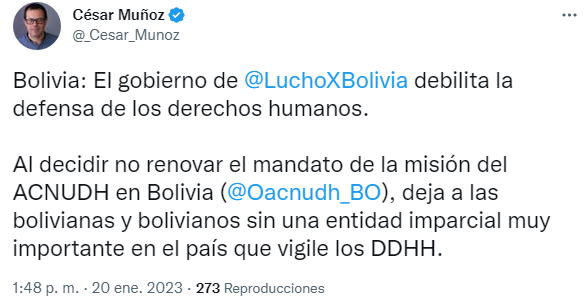 Tuit de César Muñoz sobre el cese de actividades de la ONU en Bolivia