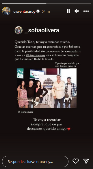 En Instagram, Luis Ventura compartió la publicación de la periodista Sofía Olivera para despedir al Tano Albamonte