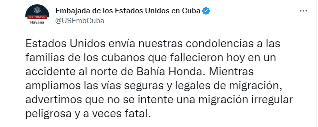 Embajada de EEUU en Cuba envió sus condolencias a las familias de los cubanos que murieron en Bahía Honda. (TWITTER)