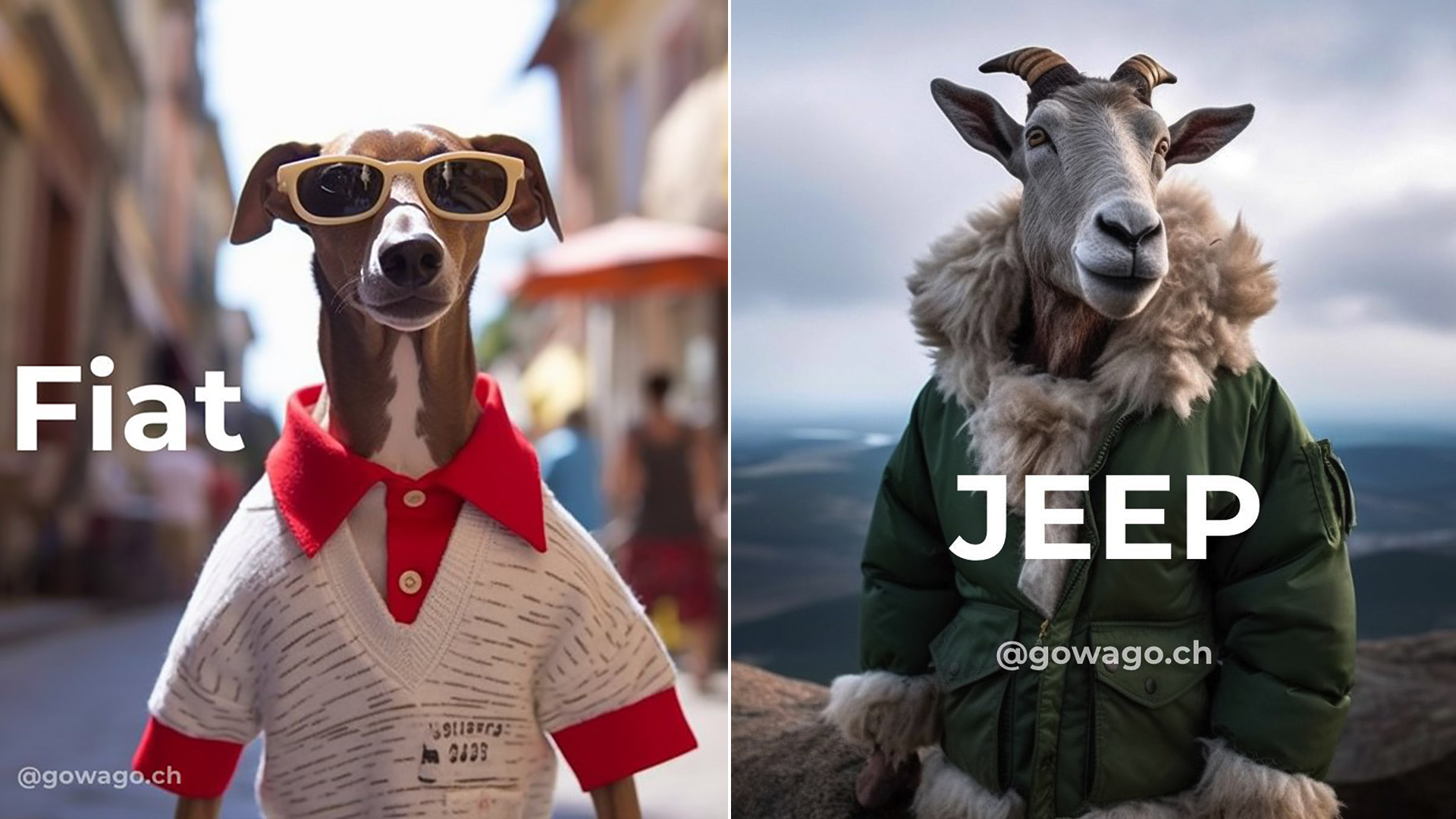 Fiat fue relacionada con un perro galgo muy mediterráneo, y Jeep con una cabra de alta montaña vestida para ese escenario