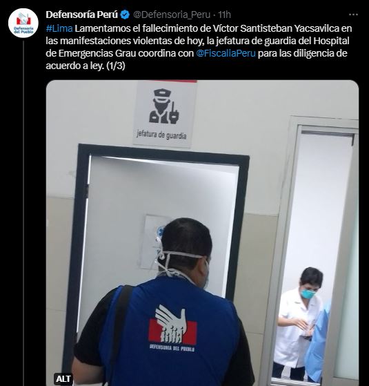 Defensoría confirma muerte de manifestante en Lima. (Twitter / Defensoría del Pueblo)
