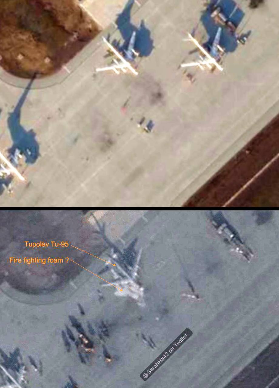 El antes y después del ataque en la base de Engles, según una imagen satelital difundida en las redes sociales. En la imagen de abajo se ve un bombardero Tu-95 dañado, con la que parece espuma de bomberos usada para apagar un incendio.