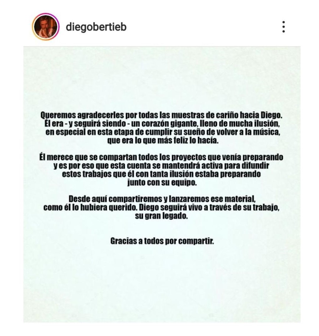 Comunicado del equipo de Diego Bertie. (Instagram)