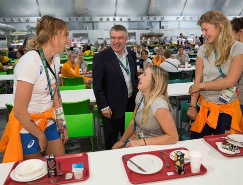 RIO DE JANEIRO - BRAZIL- 27th July 2016: 
IOC President Thomas Bach arrives in Rio De Janeiro to attend the Rio 2016 Olympic Games.
President Bach went directly to the Olympic Village from the airport to meet athletes and view the facilities in the village.
Breakfast with the athletes. (Netherlands women handball) 
Photograph by Ian Jones