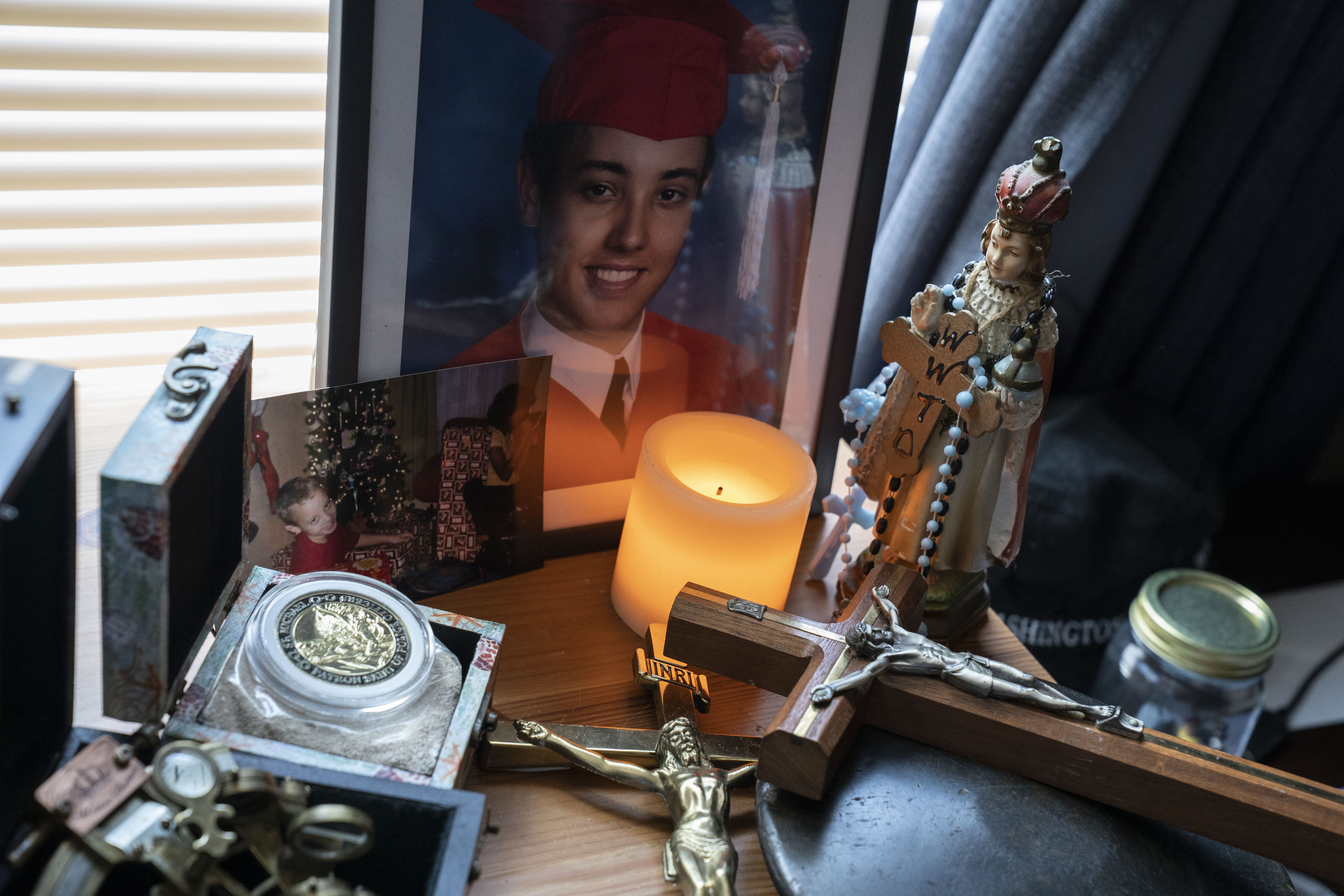A senior high school portrait of Ty Sauer is among the items in his room in Union Beach, N.J., on June 10, 2022. Sauer, 18, was found dead in Shenandoah National Park in Virginia in April 2021. MUST CREDIT: Washington Post photo by Michael Robinson Chavez.