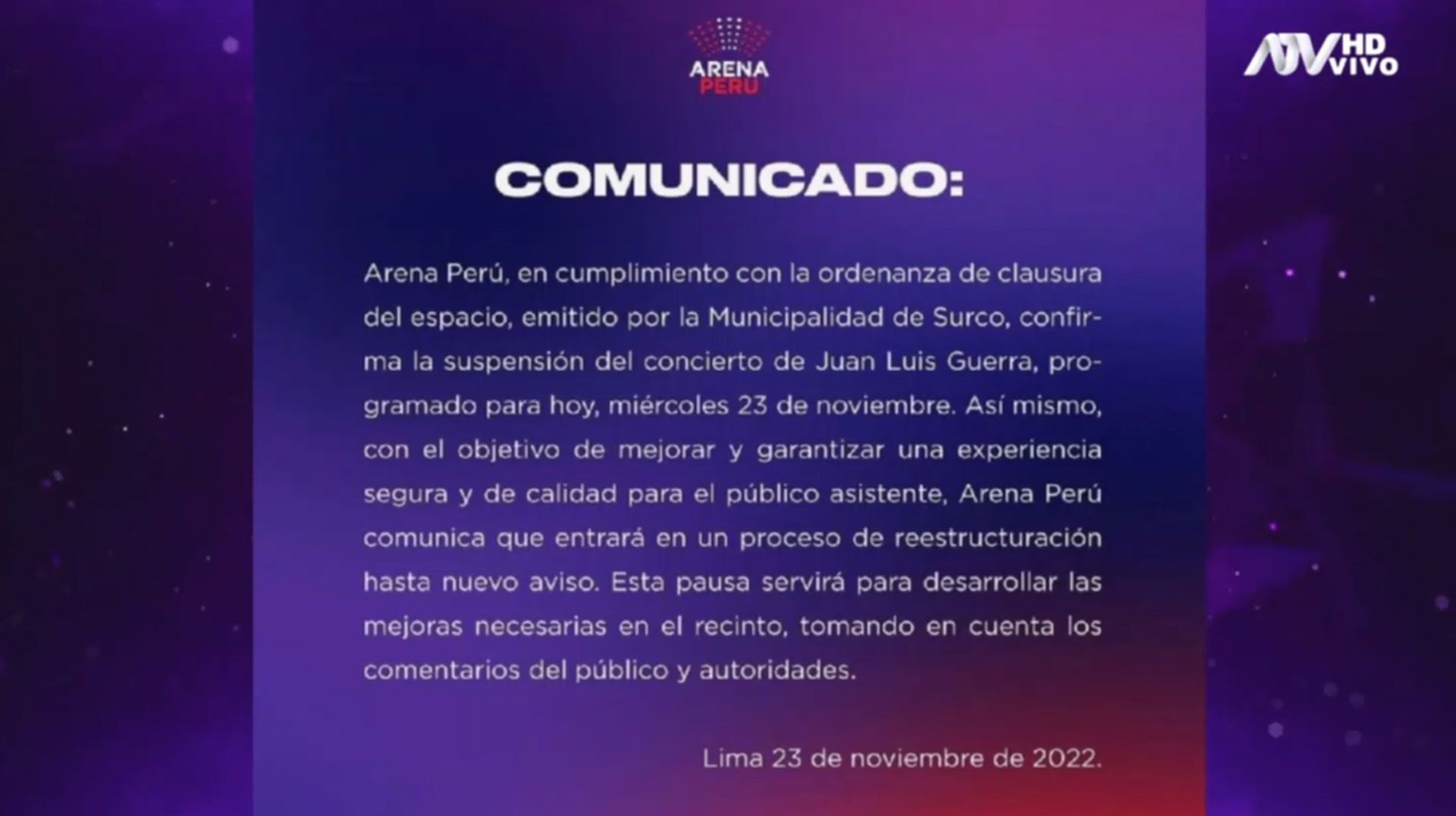 Comunicado del Arena Perú