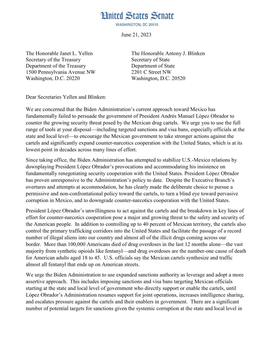 Carta de senadores republicanos para exigir sanciones al gobierno mexicano (Especial)