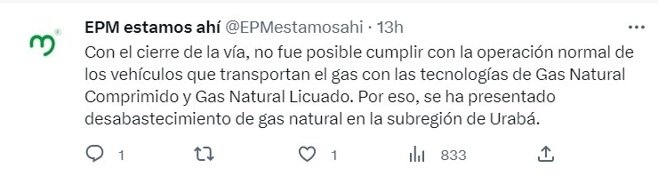 EPM se refiere a las fallas en el servicio de gas en el Urabá. @EPMestamosahi. Twitter