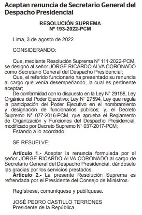 Resolución que confirma la salida de Jorge Alva de la secretaria general de Palacio de Gobierno.