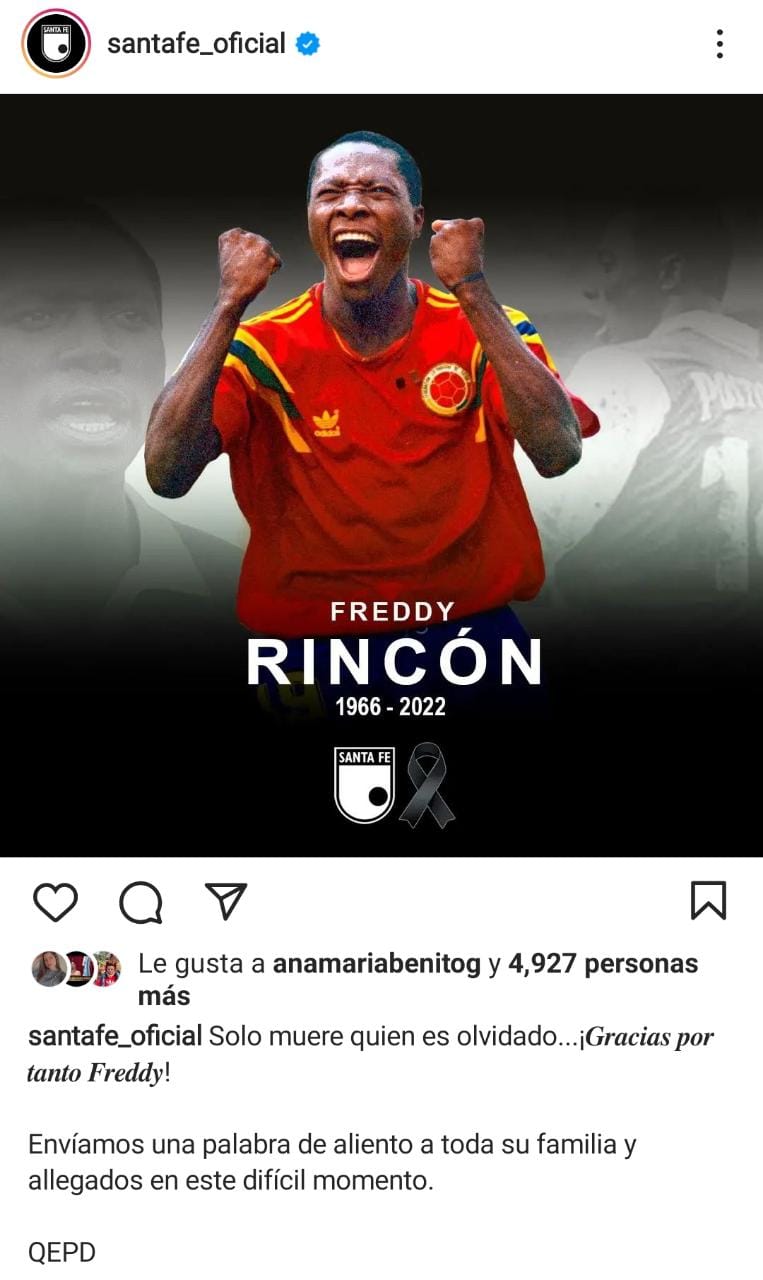 Freddy Rincón debuto en Independiente Santa Fe en 1986. Tomado de @santafe_oficial