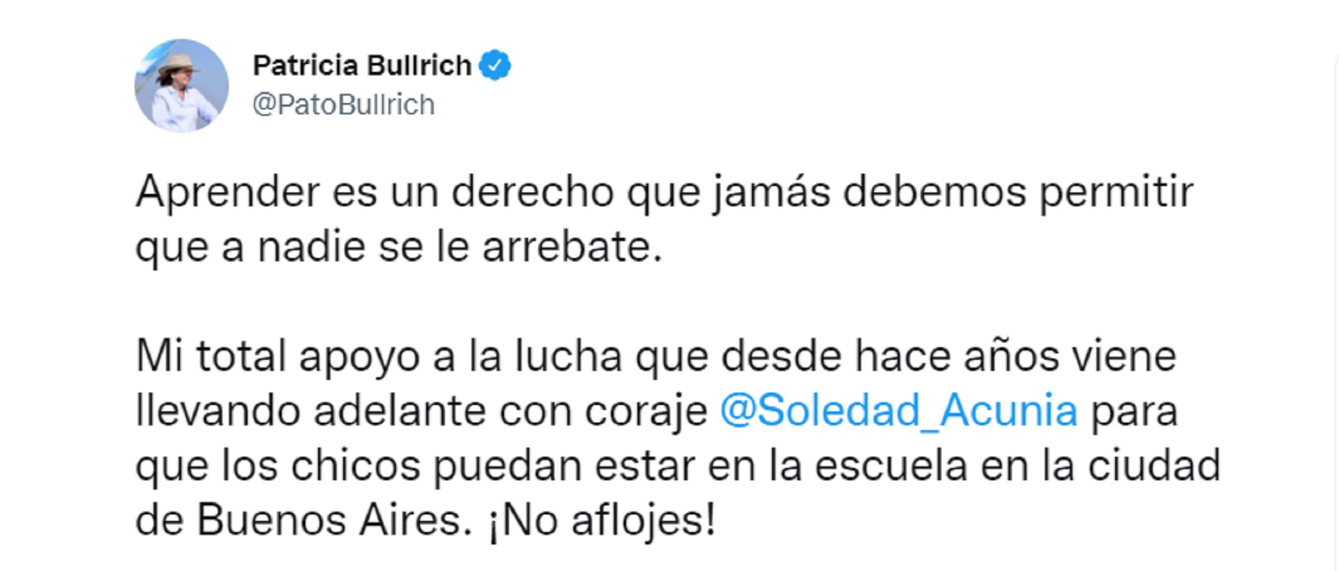 Tuit de Patricia Bullrich tras los dichos de Soledad Acuña.