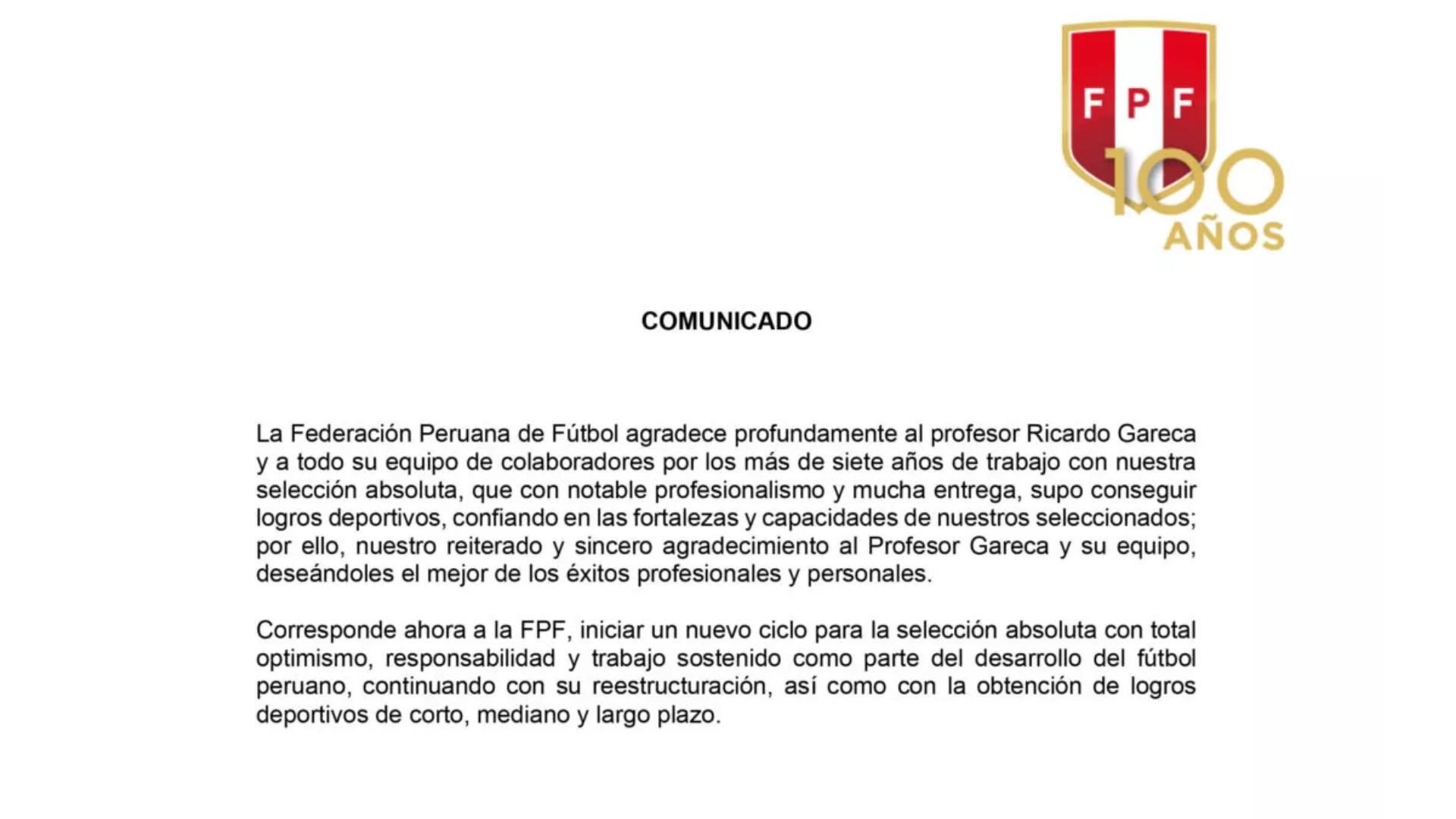 El comunicado de la FPF en agradecimiento a Ricardo Gareca por su labor en los últimos 7 años con la selección peruana