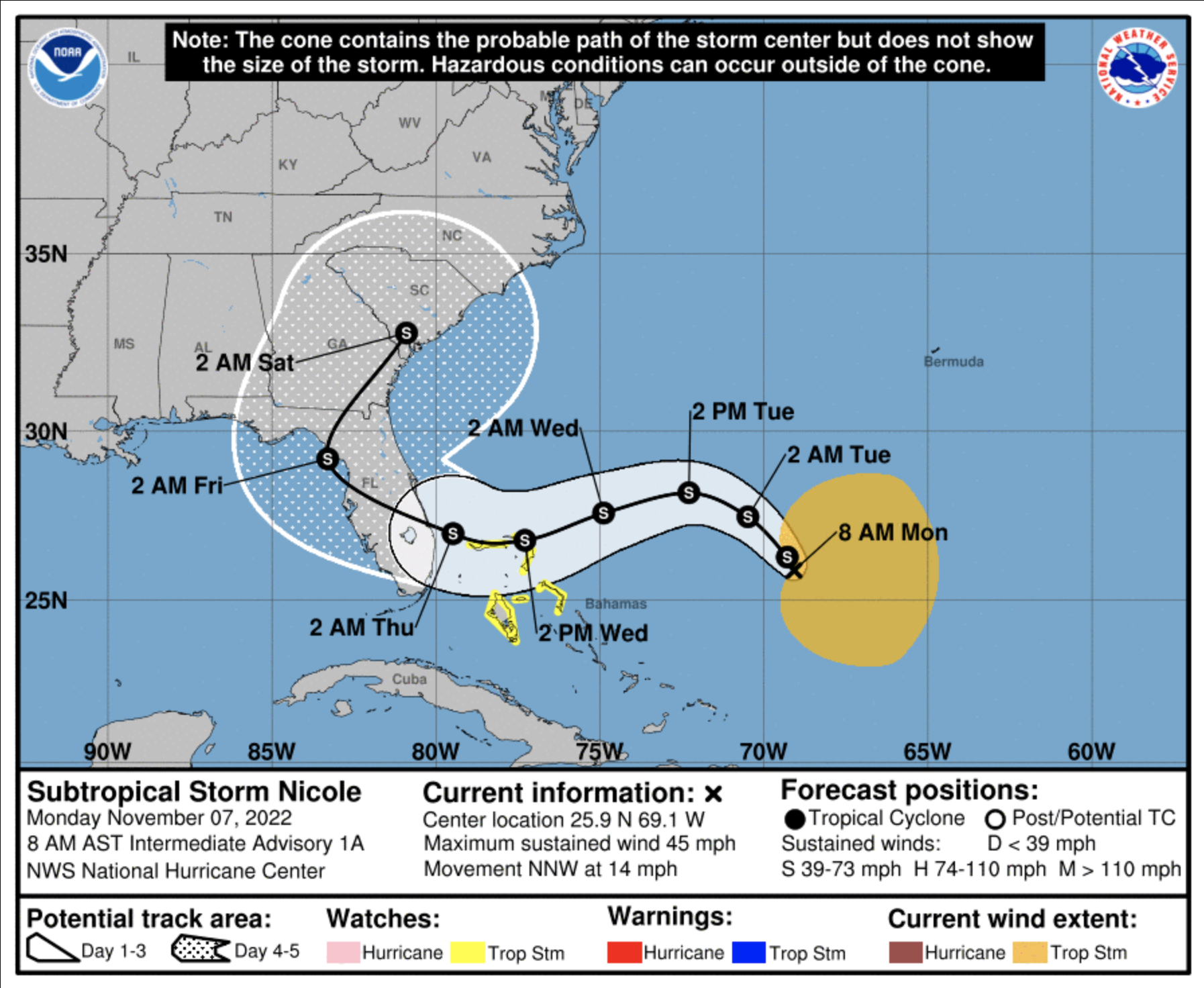 Trayectoria de la tormenta subtropical Nicole, según el Centro Nacional de Huracanes. (NOAA)