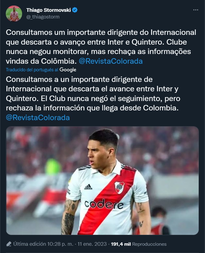 Desde Brasil desmienten que Quintero haya entablado conversaciones con Inter de Porto Alegre, a pesar del interés del club por hacerse con los servicios del colombiano (@thiagostorm/Twitter)
