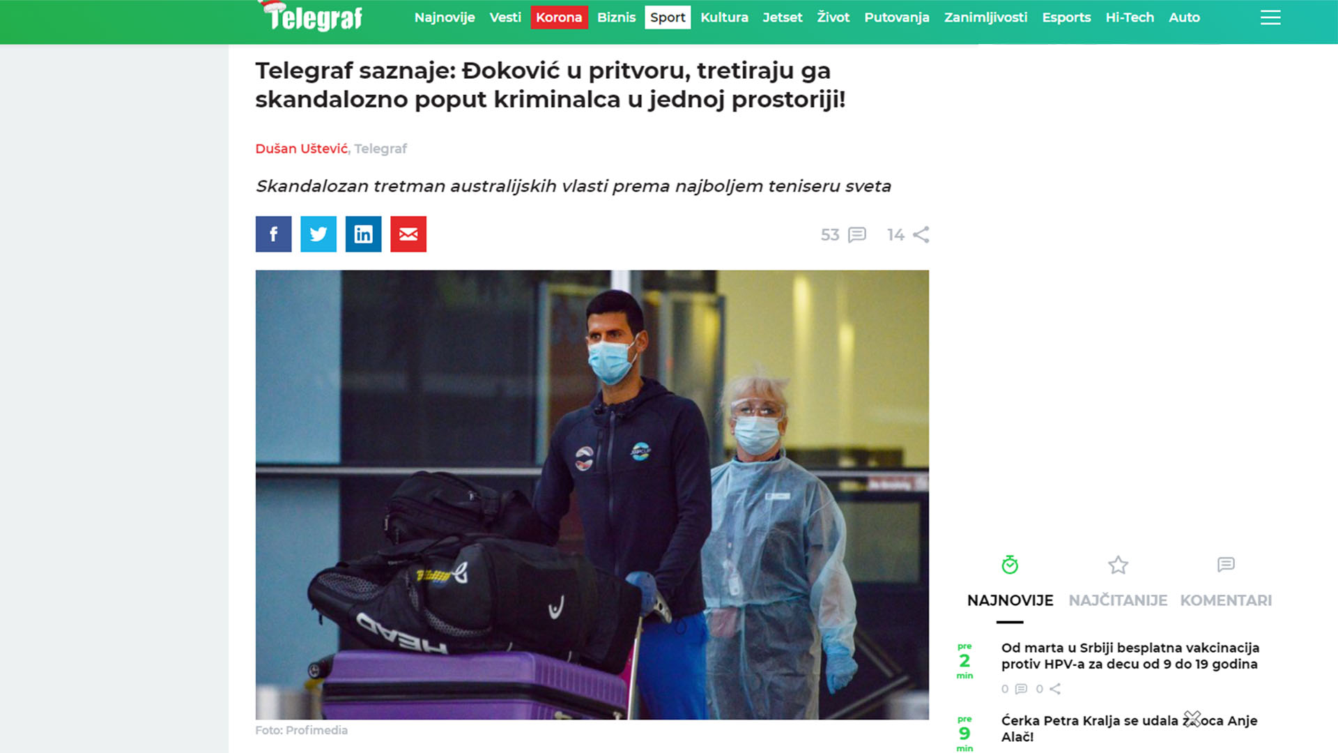 Los medios serbios, alarmados por la situación de Djokovic en el aeropuerto de Melbourne