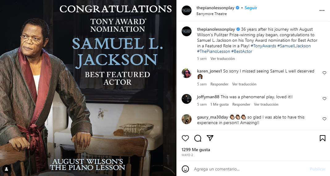 Samuel L. Jackson fue nominado en la categoría de Mejor interpretación de un actor protagonista en una obra de teatro por su papel en "The Piano Lesson"
Foto: Instagram/thepianolessonplay