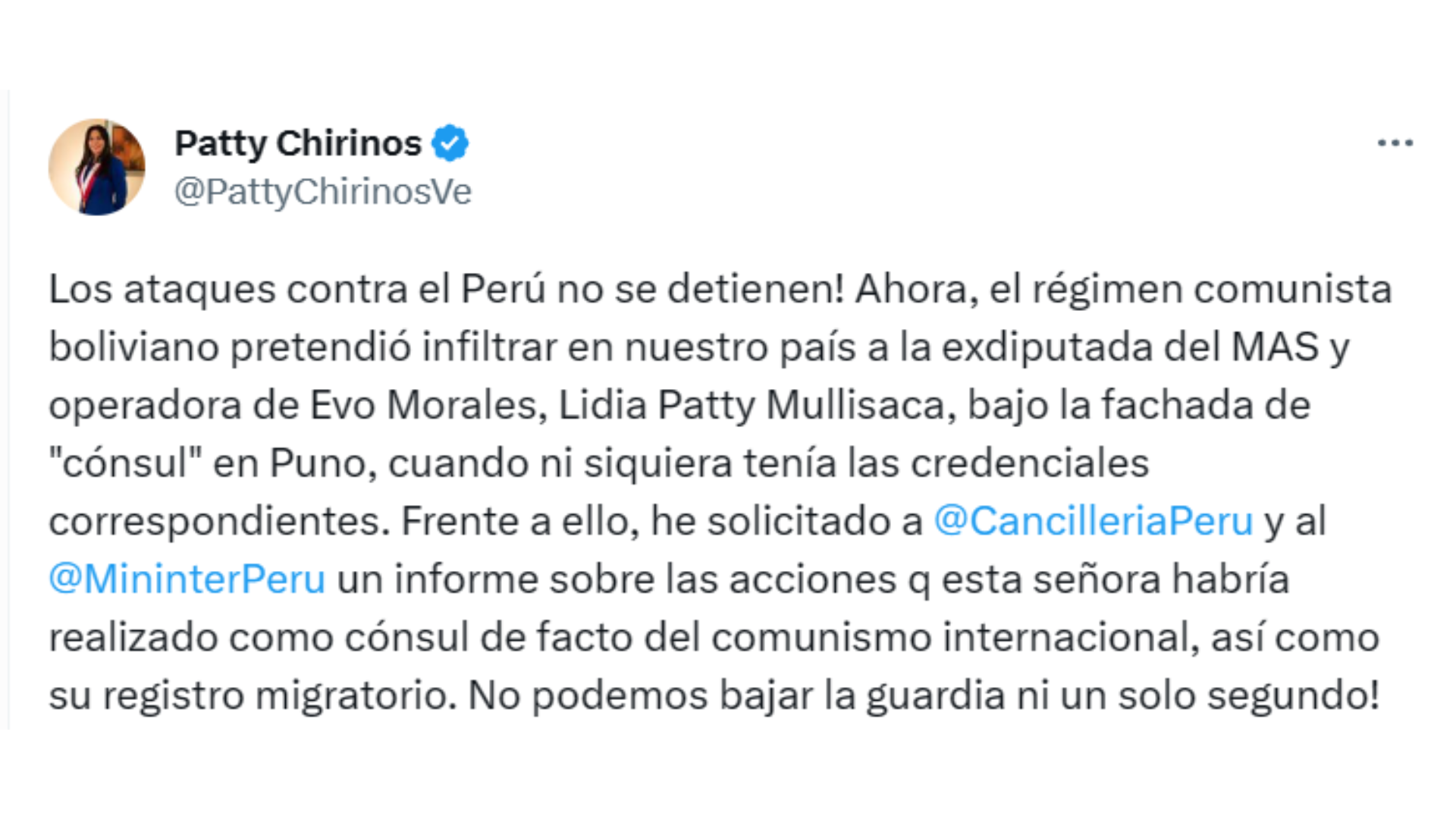 A través de sus redes sociales, la congresista de Avanza País, Patricia Chirinos, anunció que solicitó un informe de las acciones realizadas por Lidia Patty Mullisaca.