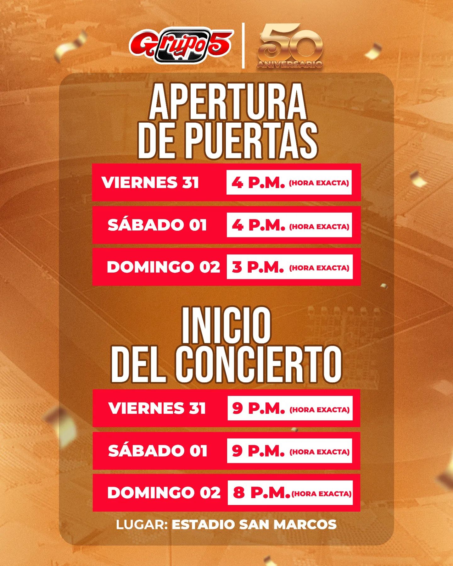 Programación de los conciertos del Grupo 5 en el Estadio San Marcos. Facebook