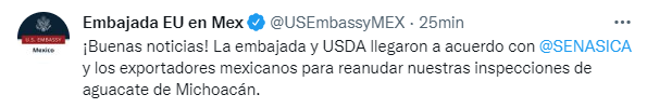 La embajada de los Estados Unidos celebró la resolución. Foto: Twitter @USEmbassyMEX