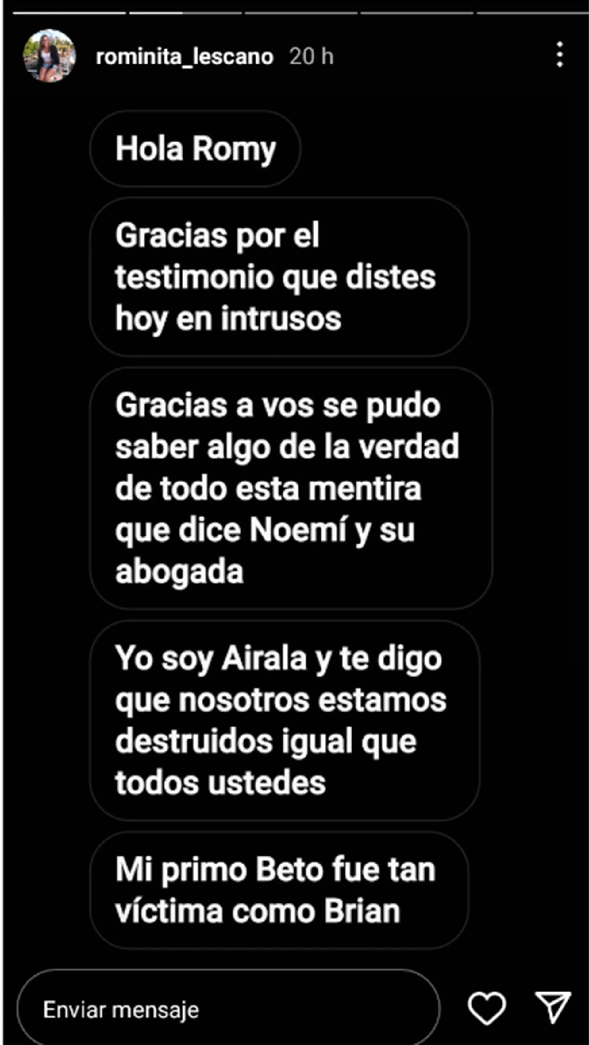 Romina  compartió un chat con quien sería la prima del hombre que crio al hijo de Pablo Lescano