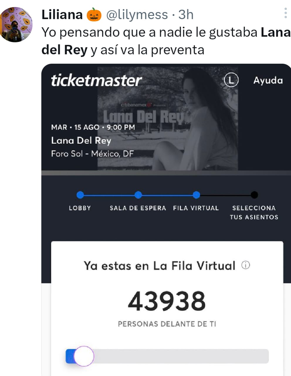 La fila virtual para la preventa de Lana Del Rey en la CDMX ascendió a más de 40 mil personas, reportaron usuarios. (Captura)