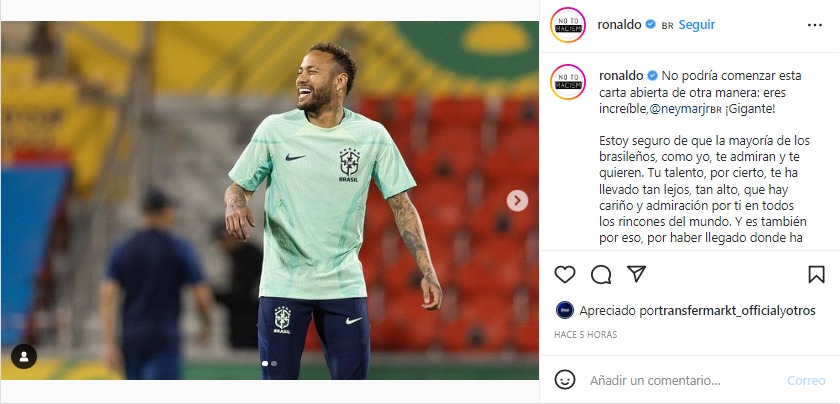 Ronaldo publicó una carta abierta en apoyo a Neymar y Danilo