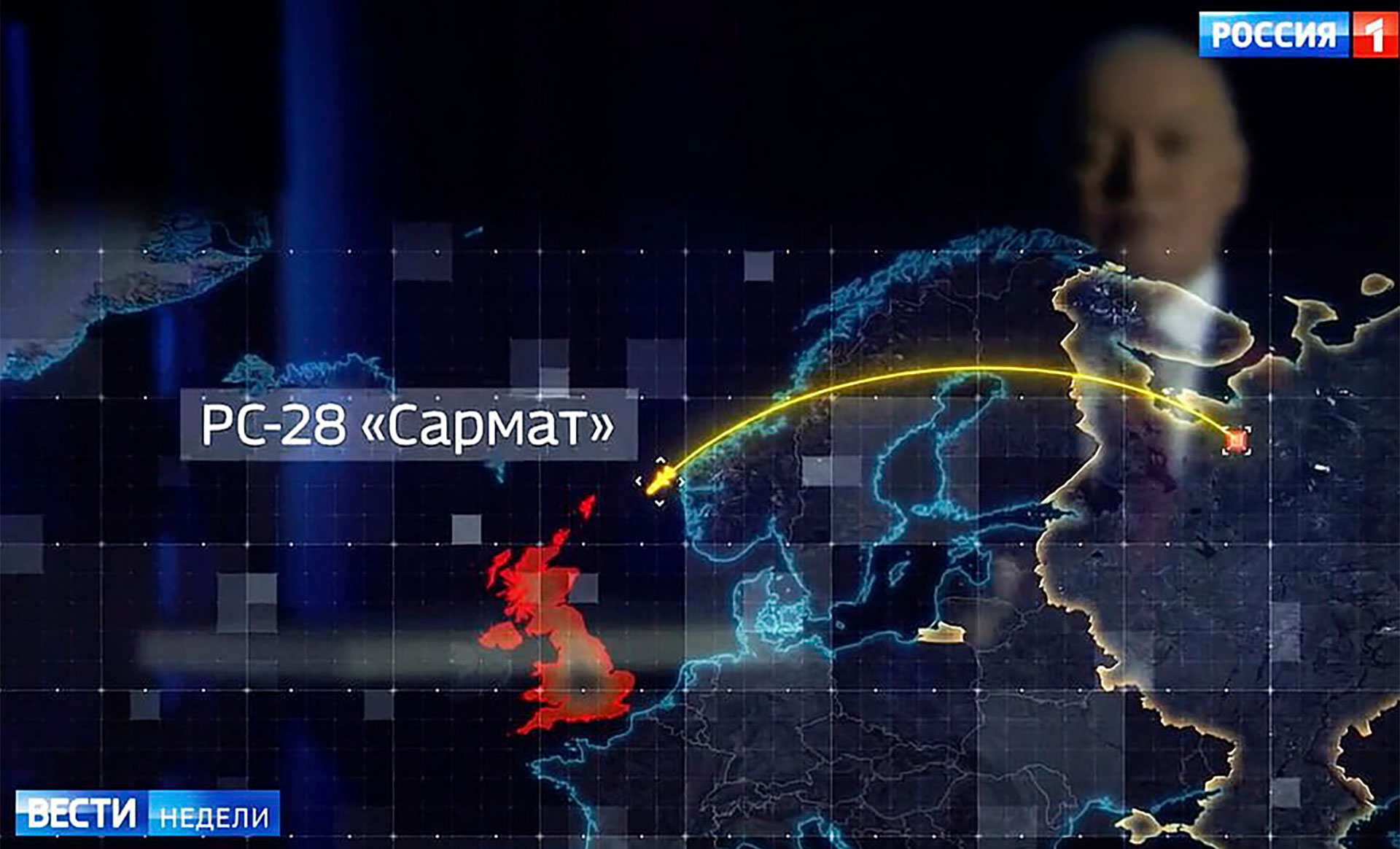 La televisión estatal rusa mostró la rapidez con la que el misil nuclear Satan-2 de Putin podría alcanzar las costas británicas