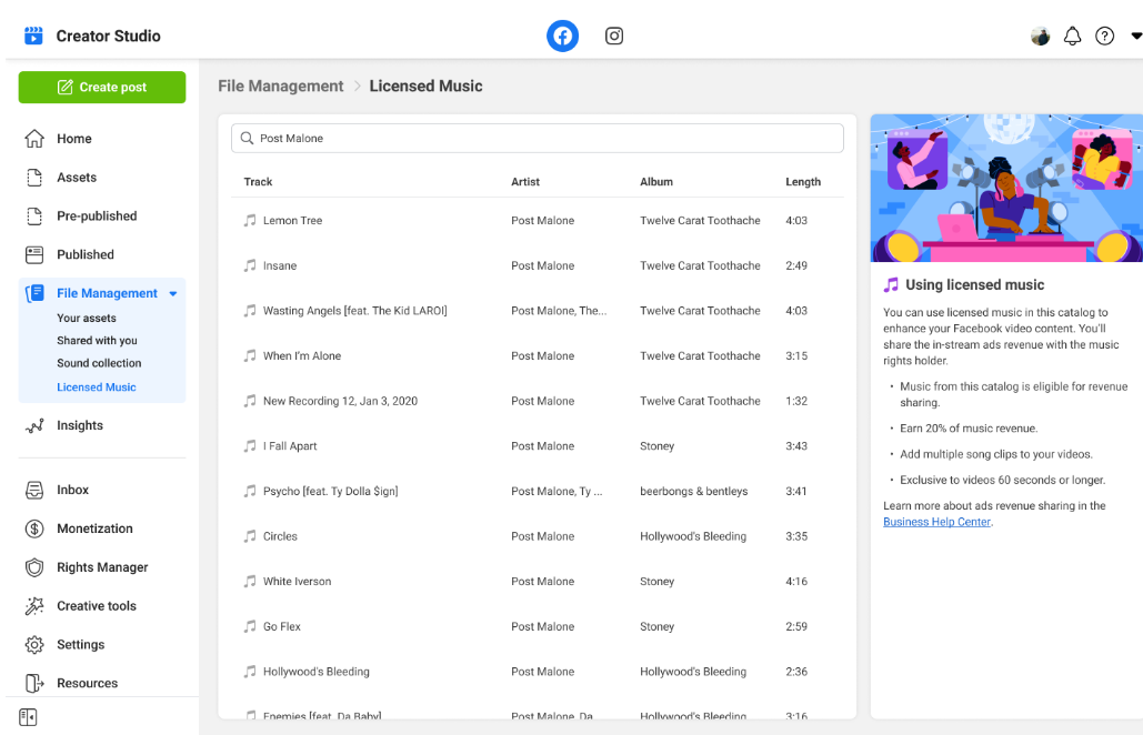 Para monetizar con el uso de la música es necesario elegir una canción de la biblioteca de Facebook (Screenshot: Meta)